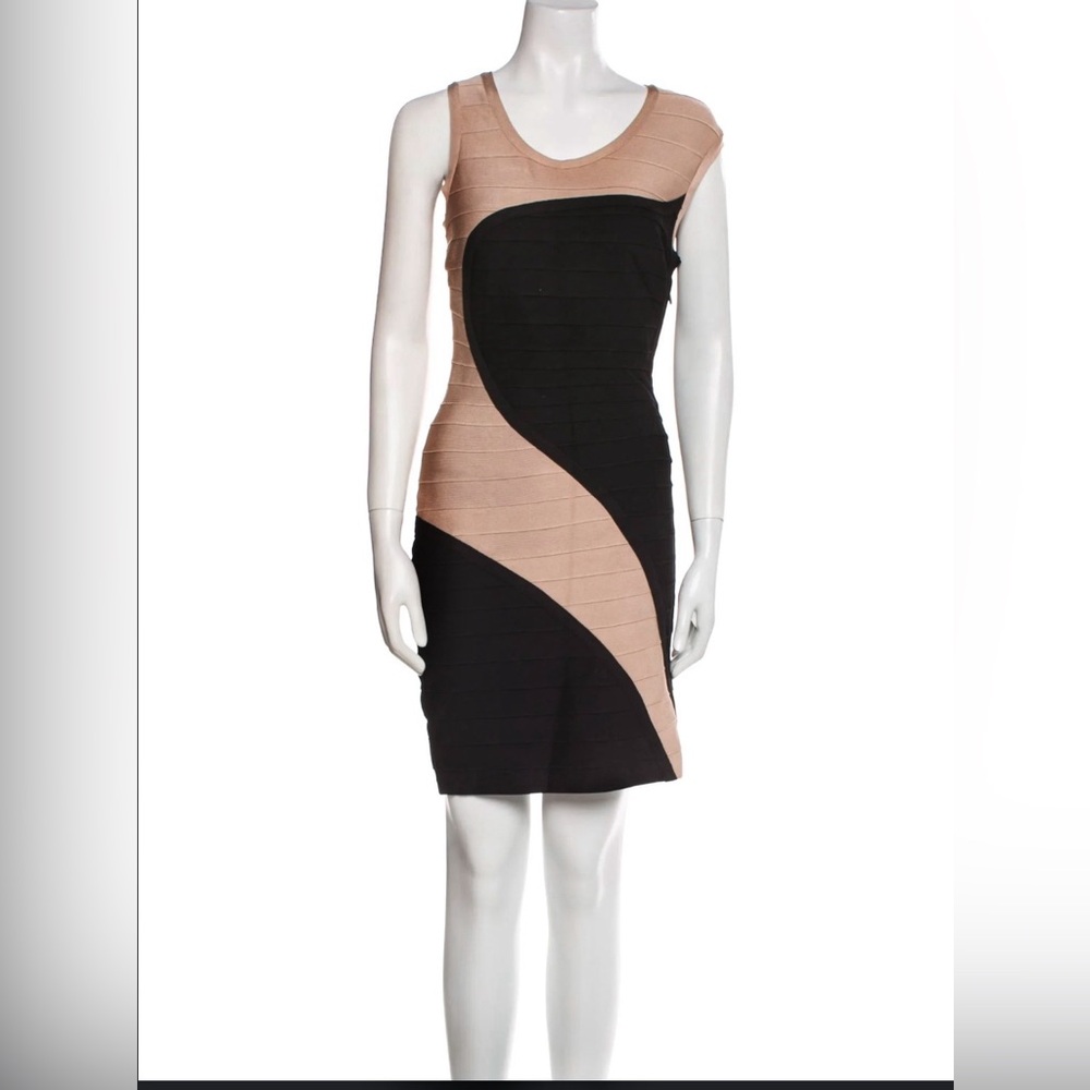 Herve Leger Black and Tan Asymmetrical Mini Dress